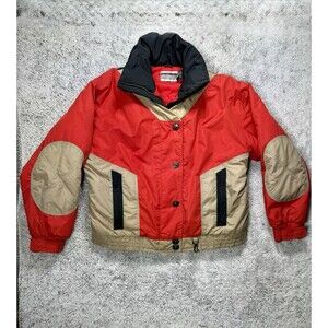 Vintage 80s 90s Sportime Colorblock Ski Puffer Jacket Red Tan Large Retro